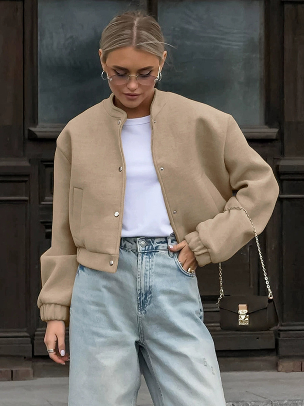 Forever 21 Fall Winter Flight Jacket Khaki Thick Stand Collar Wool Coat